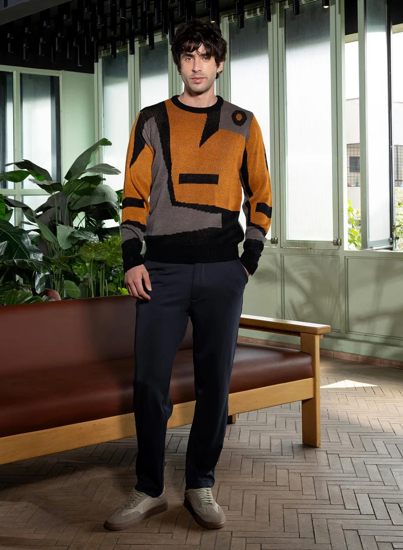 Campus Sutra Men Abstraction-Jacquard Pullover Sweater | Round Neck, Long Ribbed-Cuff Sleeves | Pull On , Ribbed-Straight Hem | Abstract Jacquard Knitted Fabric For Casual & Daily Wear | Multicolour