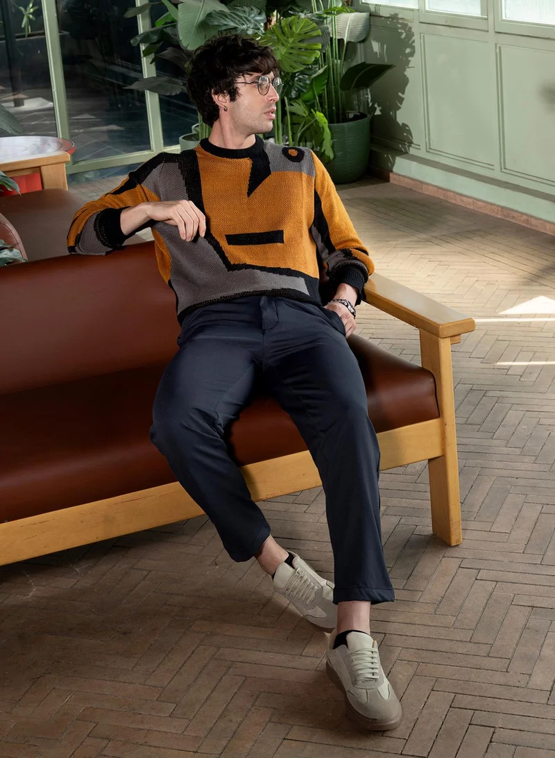 Campus Sutra Men Abstraction-Jacquard Pullover Sweater | Round Neck, Long Ribbed-Cuff Sleeves | Pull On , Ribbed-Straight Hem | Abstract Jacquard Knitted Fabric For Casual & Daily Wear | Multicolour