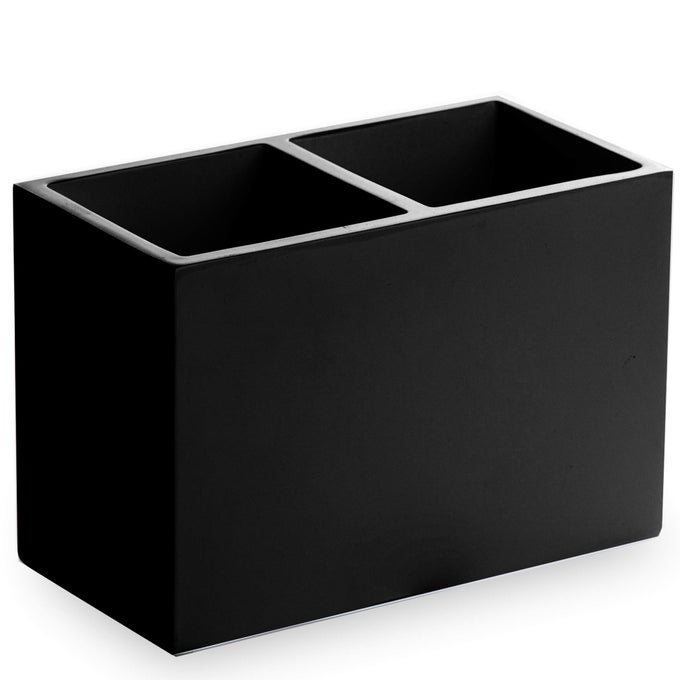 MULTIPURPOSE 2 COMPARTMENT ORGANIZER ELEGANT MAKEUP BRUSH TOOTHBRUSH HOLDER FOR BATHROOM AND VANITY MARBLE STYLISH ACCESSORIES FOR ORGANIZATION MATTE BLACK
