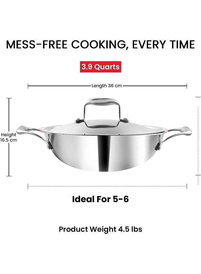Platinum Triply Stainless Steel Extra Deep Kadhai/Cooking Pot with Stainless Steel Lid