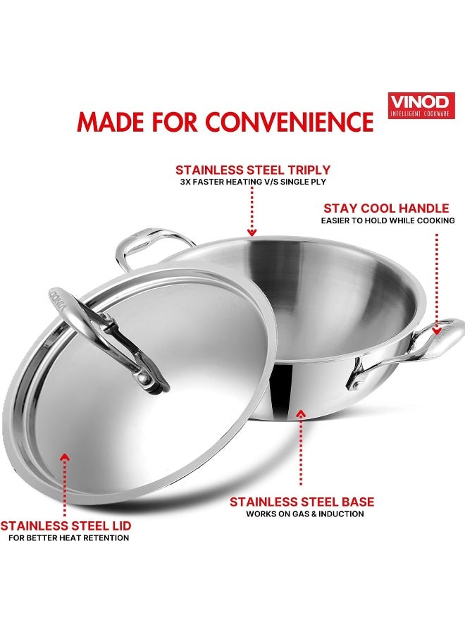 Platinum Triply Stainless Steel Extra Deep Kadhai/Cooking Pot with Stainless Steel Lid