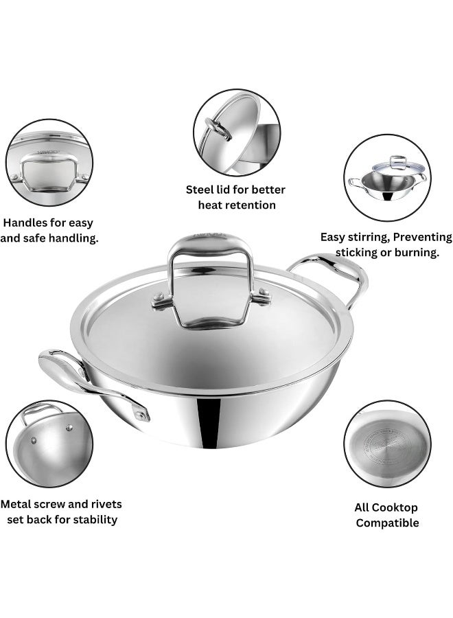 Platinum Triply Stainless Steel Extra Deep Kadhai/Cooking Pot with Stainless Steel Lid