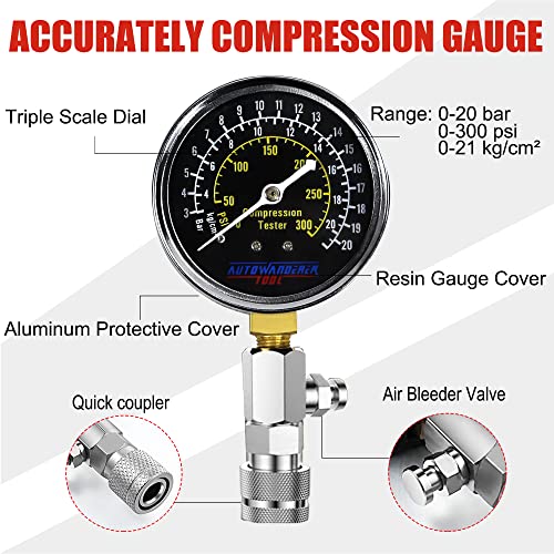 AutoWanderer Tool Engine Compression Tester Automotive, 8Pcs Fuel Pressure Gauge Set with Adapter for Small Engines, Cylinder Leak Down Tester for Petrol Gas Engine - Image 2