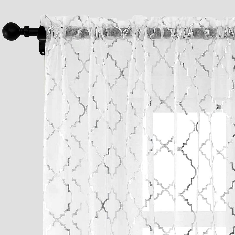Kotile Silver White Sheer Curtains 72 Inch Length 2 Panels Metallic Moroccan Ogee Pattern Shimmer White Curtains for Bedroom Rod Pocket Light Filtering Privacy Sheer Window Curtains W52 x L72 Inch