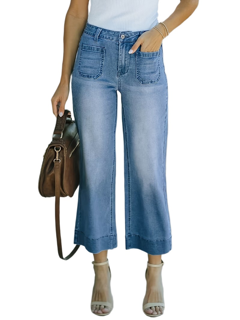 Ladies' Elastic Wide Leg Multi Pocket Cropped Pants, Fashionable and Versatile, Suitable for All Seasons. - Image 1