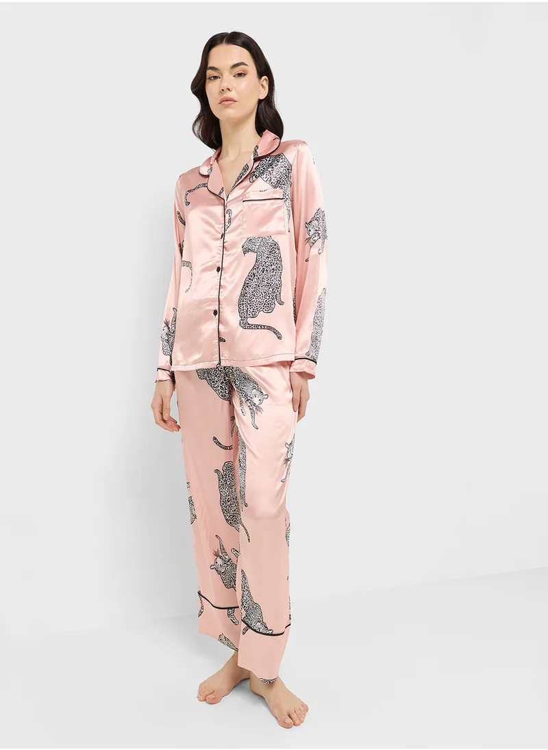Ginger Satin Leopard Button Down Shirt & Pyjama Set