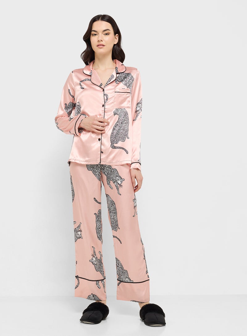 Ginger Satin Leopard Button Down Shirt & Pyjama Set  - Image 5