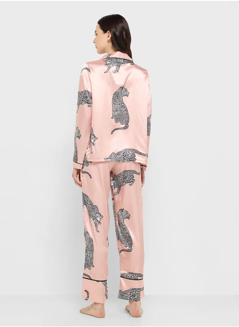 Ginger Satin Leopard Button Down Shirt & Pyjama Set