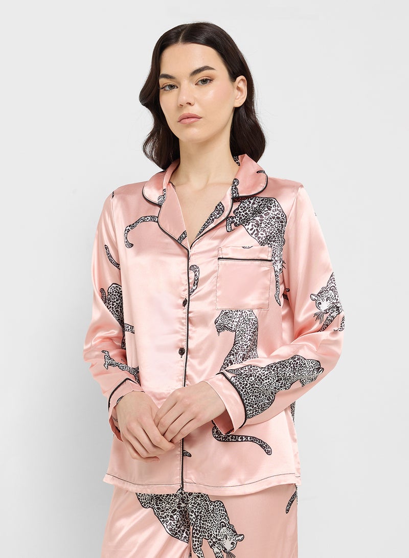 Ginger Satin Leopard Button Down Shirt & Pyjama Set  - Image 3