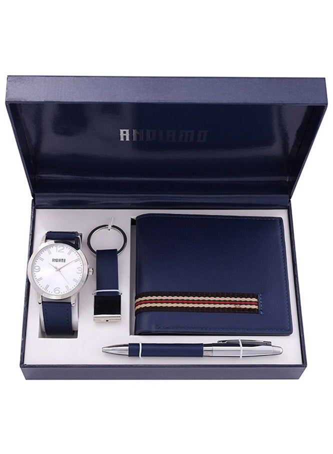 ANDIAMO Men's Analog Silver Case White Dial Blue Leather Strap, Leather Wallet, Pen, Key Chain 