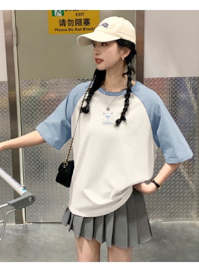 TonLion Women's Round Neck Raglan Sleeve Short Sleeve T-shirt With Bear Print On Chest, Versatile Youthful Korean Style Fashion - Image 1