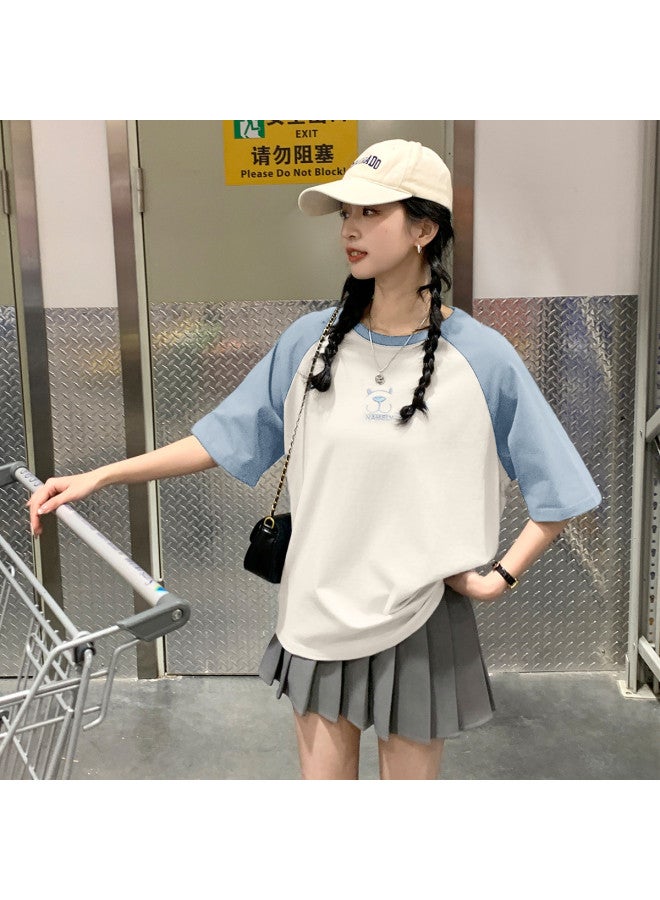 TonLion Women's Round Neck Raglan Sleeve Short Sleeve T-shirt With Bear Print On Chest, Versatile Youthful Korean Style Fashion - Image 2