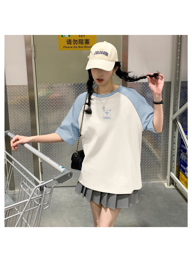 TonLion Women's Round Neck Raglan Sleeve Short Sleeve T-shirt With Bear Print On Chest, Versatile Youthful Korean Style Fashion - Image 3