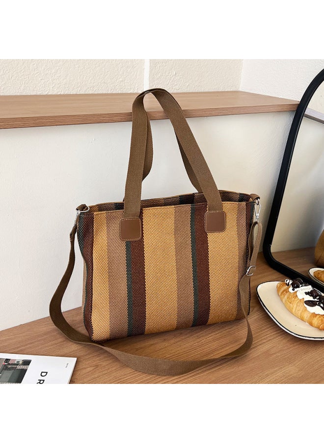 Striped Large Capacity Women's Bag 2024 Fashion Commuter Casual Western Style Portable Tote Shoulder Messenger Bag-Color:Yellowish Brown - Image 1