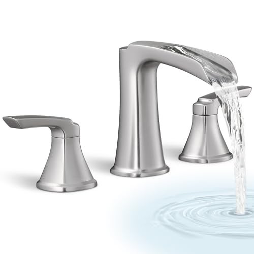 HOIGY 3 Hole Roman Tub Faucet Waterfall Brass Brushed Nickel Bathtub Faucet Set, High Flow 6-16 Inch Deck Mount Faucet for Bathtub, 2 Handle Bath Tub Faucets with Supply Water Hoses for Classic - Image 1