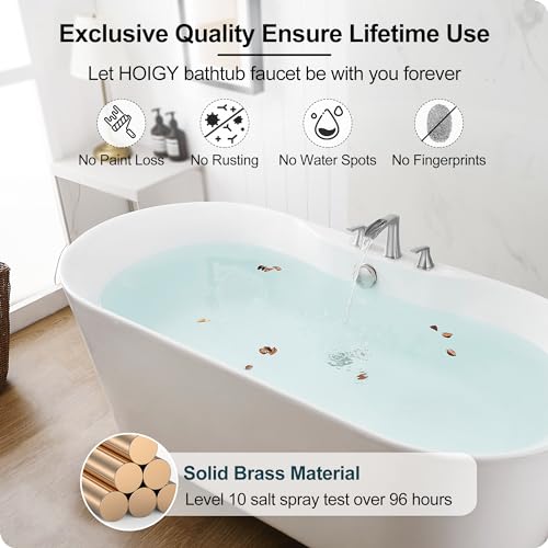 HOIGY 3 Hole Roman Tub Faucet Waterfall Brass Brushed Nickel Bathtub Faucet Set, High Flow 6-16 Inch Deck Mount Faucet for Bathtub, 2 Handle Bath Tub Faucets with Supply Water Hoses for Classic - Image 5