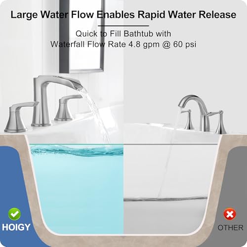 HOIGY 3 Hole Roman Tub Faucet Waterfall Brass Brushed Nickel Bathtub Faucet Set, High Flow 6-16 Inch Deck Mount Faucet for Bathtub, 2 Handle Bath Tub Faucets with Supply Water Hoses for Classic - Image 3