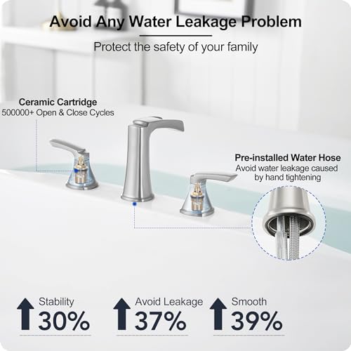 HOIGY 3 Hole Roman Tub Faucet Waterfall Brass Brushed Nickel Bathtub Faucet Set, High Flow 6-16 Inch Deck Mount Faucet for Bathtub, 2 Handle Bath Tub Faucets with Supply Water Hoses for Classic - Image 4