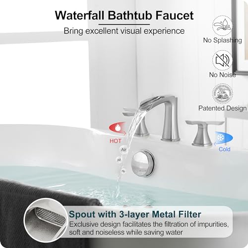 HOIGY 3 Hole Roman Tub Faucet Waterfall Brass Brushed Nickel Bathtub Faucet Set, High Flow 6-16 Inch Deck Mount Faucet for Bathtub, 2 Handle Bath Tub Faucets with Supply Water Hoses for Classic - Image 2