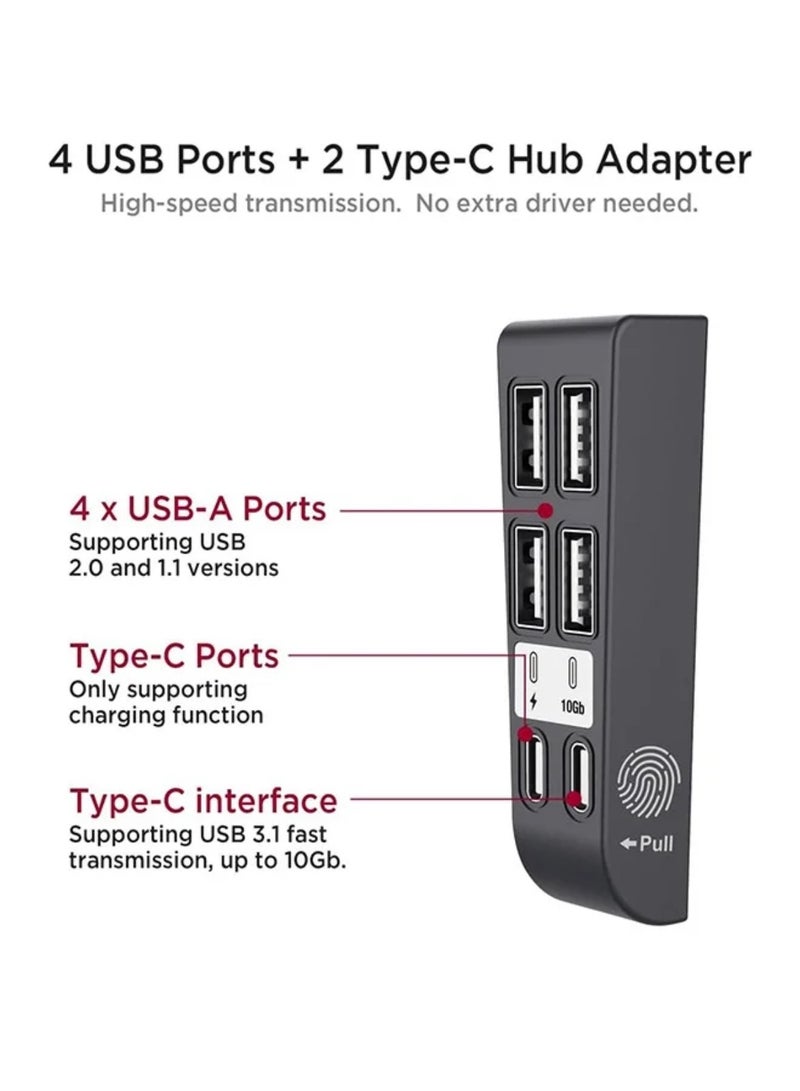 بي جي تيك [6 Ports] HUB Compatible for PS5 Slim Disc/PS5 Slim Digital 2023 High-Speed Expansion PS5 Slim HUB Extender with 4 USB 2.0+1 Type C 3.1+1 Type C Charging Port for PS5 Slim Accessories-Black - Image 3