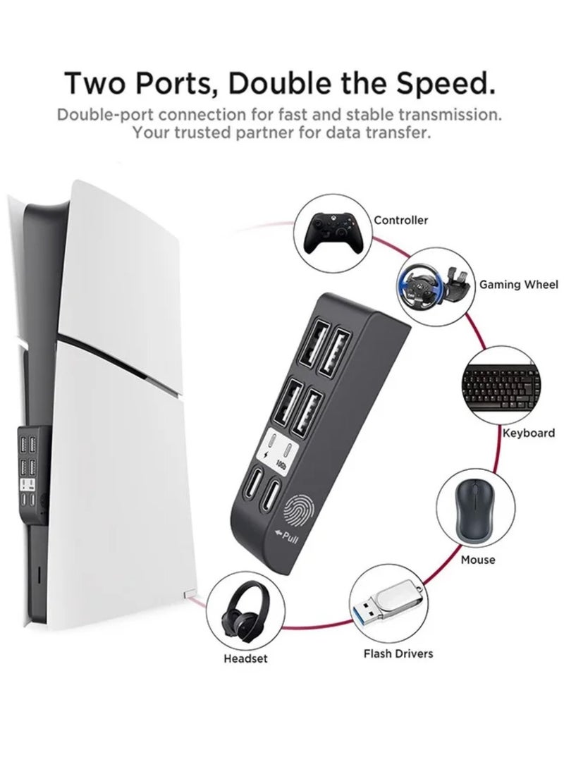 بي جي تيك [6 Ports] HUB Compatible for PS5 Slim Disc/PS5 Slim Digital 2023 High-Speed Expansion PS5 Slim HUB Extender with 4 USB 2.0+1 Type C 3.1+1 Type C Charging Port for PS5 Slim Accessories-Black - Image 4