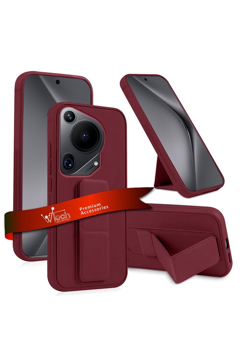 Wtech Hand Grip Foldable Magnetic Kickstand Wrist Strap Finger Grip With Built-In Iron Case Cover For Huawei Pura 70 Ultra 5G 2024 Maroon - Image 1