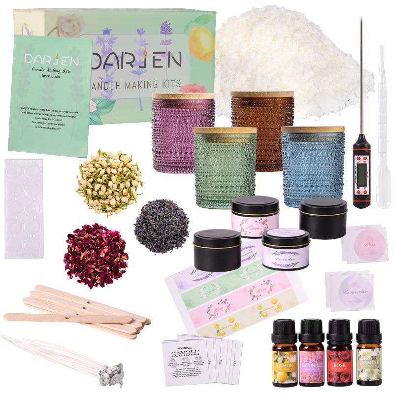 DARJEN Candle Making Kits for Adults- Candle Making Supplies with 4 Candle Jars(Amber, Purple, Blue, Green), Candle Tins, Soy Wax, Scents, Dried Flower & More, DIY Starter Candle Making Kit Home Decor - Image 1
