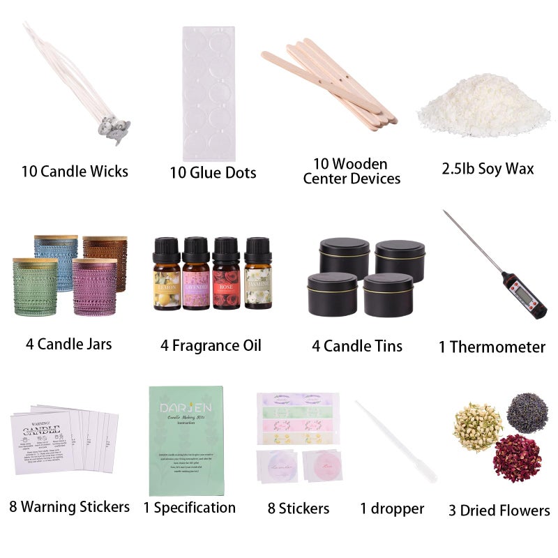 DARJEN Candle Making Kits for Adults- Candle Making Supplies with 4 Candle Jars(Amber, Purple, Blue, Green), Candle Tins, Soy Wax, Scents, Dried Flower & More, DIY Starter Candle Making Kit Home Decor - Image 2