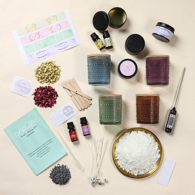 DARJEN Candle Making Kits for Adults- Candle Making Supplies with 4 Candle Jars(Amber, Purple, Blue, Green), Candle Tins, Soy Wax, Scents, Dried Flower & More, DIY Starter Candle Making Kit Home Decor - Image 3