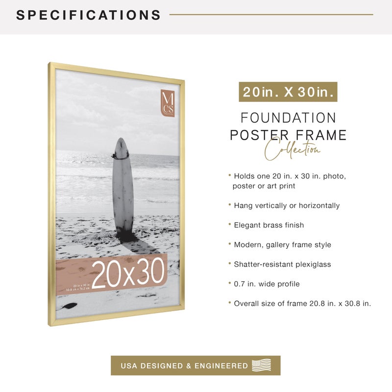 MCS Foundation 20x30 Poster Frame Traditional Brass, Vertical & Horizontal Wall Hanging Large Picture Frame for Photos, Posters & Art Prints (1-Pack) - Image 4