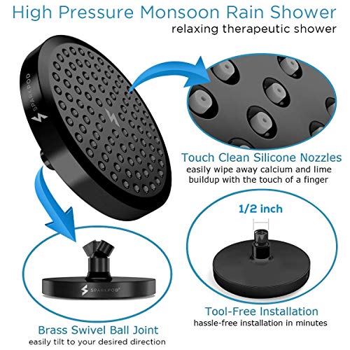 SparkPod Shower Head - High Pressure Rain - Premium Quality Luxury Design - 1-Min Install - Easy Clean Adjustable Replacement for Your Bathroom Shower Heads (Midnight Black Matte, 6 Inch Round) - Image 2