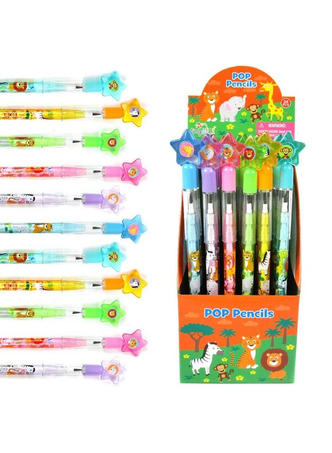 TINYMILLS 24 Pcs Safari Jungle Animals Stackable Push Pencil Assortment with Eraser for Party Favors Goodie Bag Stuffers VBS Classroom Rewards Pinata Fillers Carnival Prize Barnyard Party - Image 1