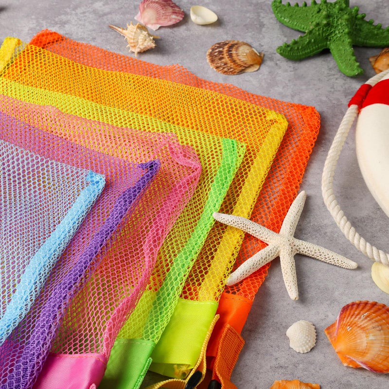 FUTUREPLUSX 6PCS Mesh Beach Bags for Kids, Colorful Small Seashell Collecting Bags Adjustable Strap for Holding Shell Sand Toy - Image 5