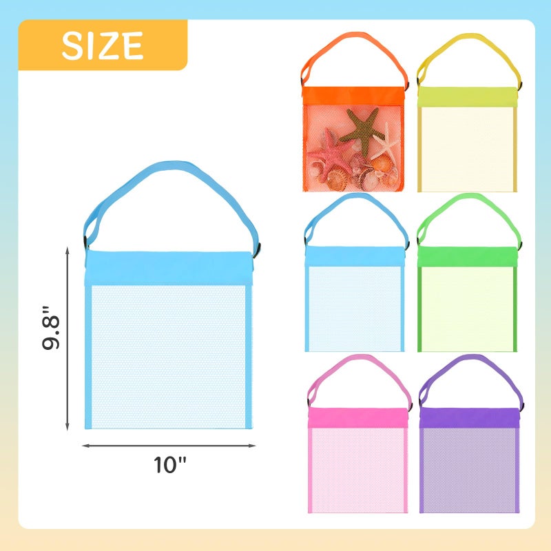 FUTUREPLUSX 6PCS Mesh Beach Bags for Kids, Colorful Small Seashell Collecting Bags Adjustable Strap for Holding Shell Sand Toy - Image 2