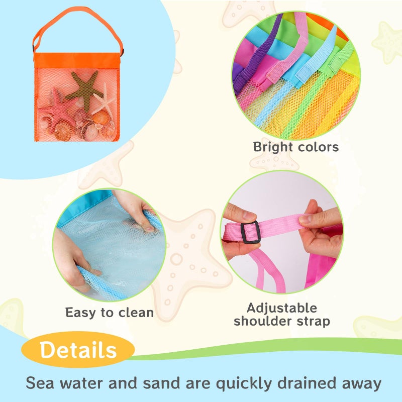 FUTUREPLUSX 6PCS Mesh Beach Bags for Kids, Colorful Small Seashell Collecting Bags Adjustable Strap for Holding Shell Sand Toy - Image 3