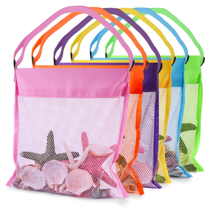 FUTUREPLUSX 6PCS Mesh Beach Bags for Kids, Colorful Small Seashell Collecting Bags Adjustable Strap for Holding Shell Sand Toy - Image 1