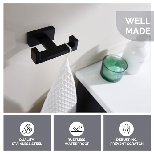 Angle Simple Double Towel Hook Matte Black, Stainless Steel Bathroom Towel Holder, Coat Robe Hook Wall Mount - Image 3