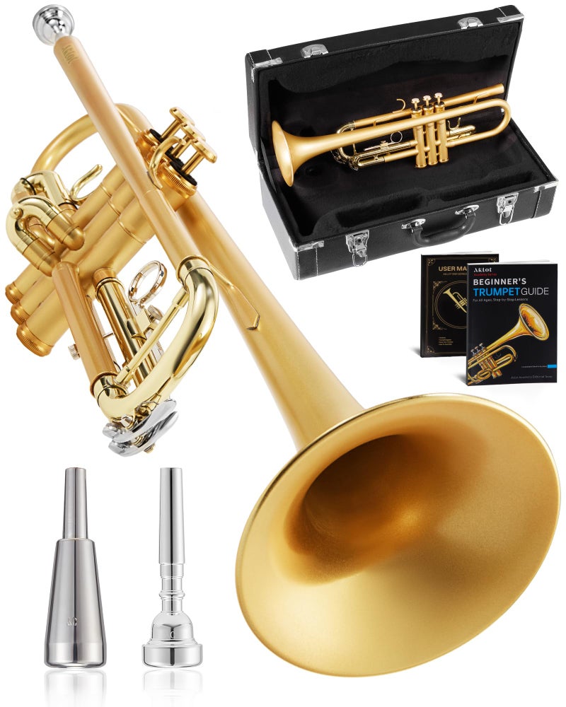 AKLOT Weighted Leadpipe Bb Trumpet: Mouthpiece Booster, 7C Mouthpiece*2, Beginner & Intermediate Standard Trumpet Instrument, B Flat Trompeta Musicales with Hard Case, Lesson Book, Cleaning Kit, Gold - Image 1