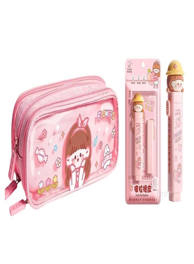 GETNAKSH Cute Pink Pencil Pouch with Push-Pull Cartoon Eraser Set | Girls Flower Design Stationery Combo | School Pencil Case & Erraser Kit for Kids, Students & Gifts(Pink Girl Flower + Eraser) - Image 1