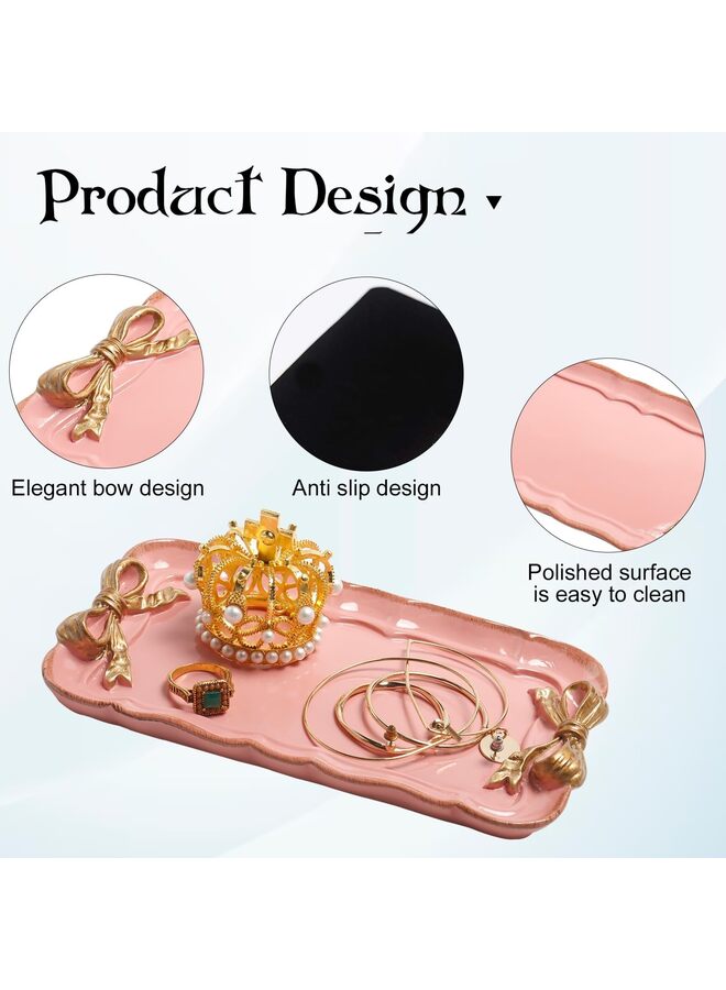 LAMAY Vintage Decorative Tray Towel Tray Storage Tray  Rings Chain Bracelets Earrings Trays Cosmetics Jewelry Organizer Retro Design Bow-Knot Resin Plate (Color : Pink） - Image 2