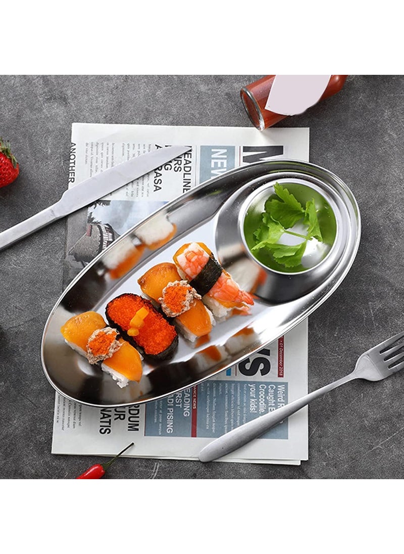 DIVHUK DIVHUK Stainless Steel Snack Plate Grid Oval Cutlery Sauce Plate Western Food French Fries Fried Chicken Dim Sum Plate Split Plate Oval Camping Adult Snack Plate Silver  - Image 5