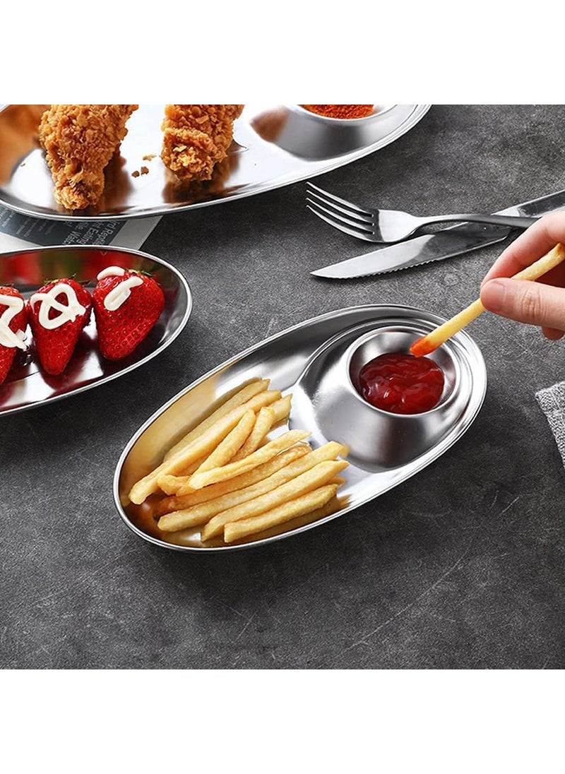 DIVHUK DIVHUK Stainless Steel Snack Plate Grid Oval Cutlery Sauce Plate Western Food French Fries Fried Chicken Dim Sum Plate Split Plate Oval Camping Adult Snack Plate Silver  - Image 3