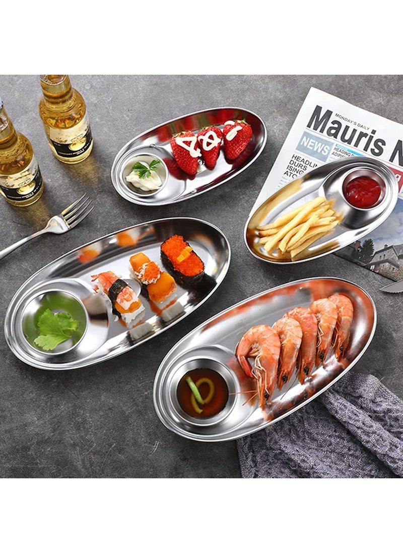 DIVHUK DIVHUK Stainless Steel Snack Plate Grid Oval Cutlery Sauce Plate Western Food French Fries Fried Chicken Dim Sum Plate Split Plate Oval Camping Adult Snack Plate Silver  - Image 4