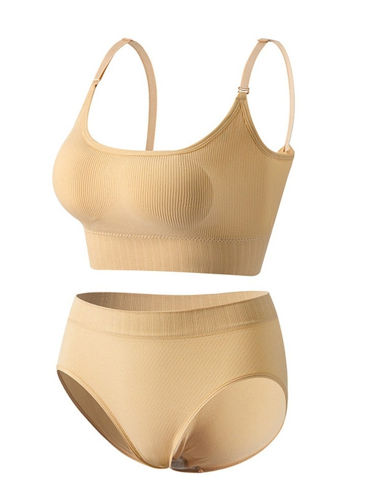 Loquat Women's Solid Color Sport Fitness Lingerie Set 2-piece Seamless Wireless Adjustable Shoulders Vest Bra+Low Waist Briefs Sport Suit Beige  - Image 1