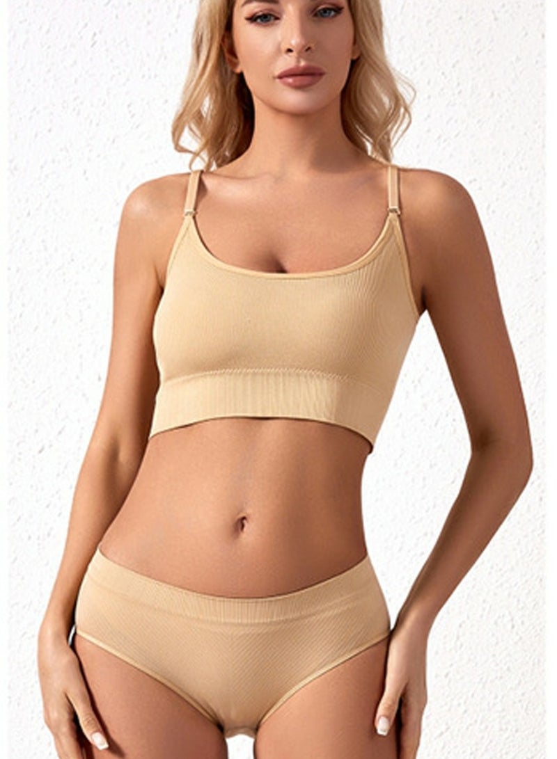 Loquat Women's Solid Color Sport Fitness Lingerie Set 2-piece Seamless Wireless Adjustable Shoulders Vest Bra+Low Waist Briefs Sport Suit Beige  - Image 2