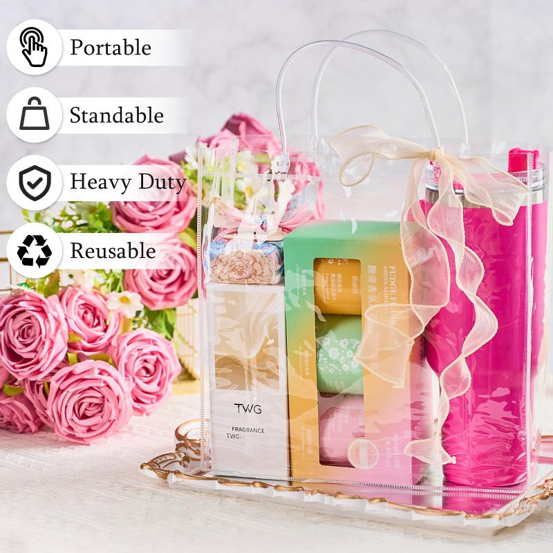 Ohuimrt 20 PCS Clear Plastic Gift Bags with Handles, 11 x 11 x 3.94 Inches Reusable Party Favor Bags with Ribbon Transparent Gift Wrap Bags Bulk for Weddings Birthdays - Image 4