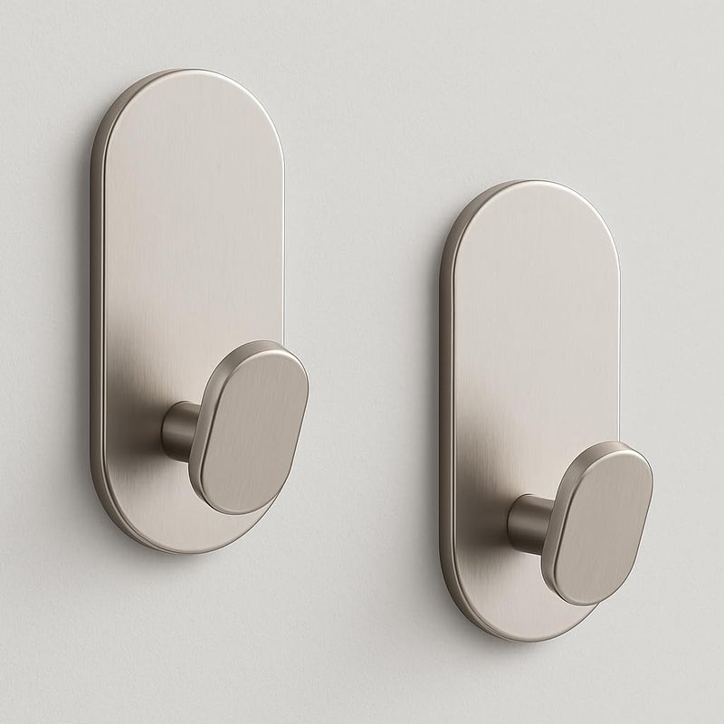 WZRUA Adhesive Towel Hooks for Bathrooms 2 Pack Brushed Nickel Stainless Steel and Zinc Alloy Sticky Wall Hooks for Hanging Heavy Duty Self Adhesive Robe Shower Hanger for Kitchen, Closet, Cabinet, Door - Image 1