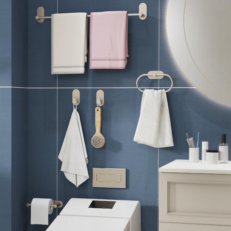 WZRUA Adhesive Towel Hooks for Bathrooms 2 Pack Brushed Nickel Stainless Steel and Zinc Alloy Sticky Wall Hooks for Hanging Heavy Duty Self Adhesive Robe Shower Hanger for Kitchen, Closet, Cabinet, Door - Image 5
