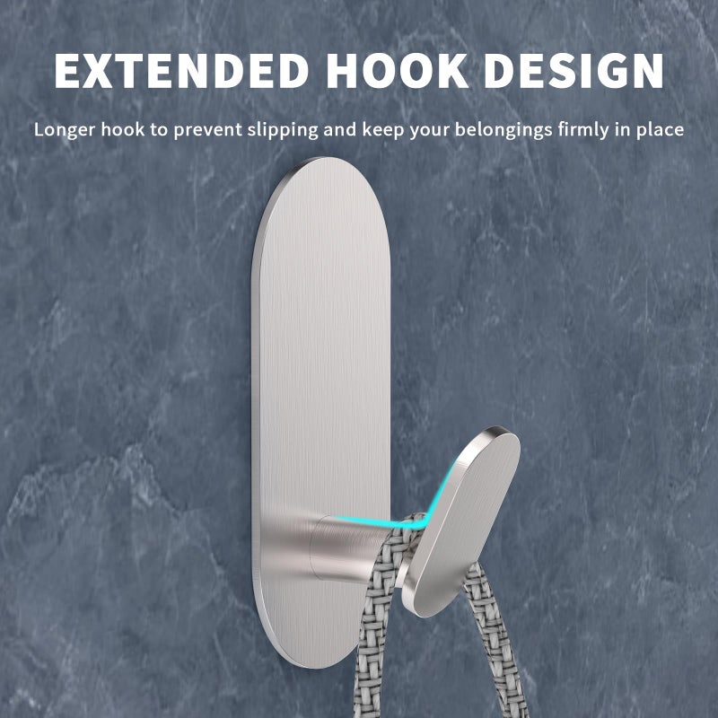 WZRUA Adhesive Towel Hooks for Bathrooms 2 Pack Brushed Nickel Stainless Steel and Zinc Alloy Sticky Wall Hooks for Hanging Heavy Duty Self Adhesive Robe Shower Hanger for Kitchen, Closet, Cabinet, Door - Image 4