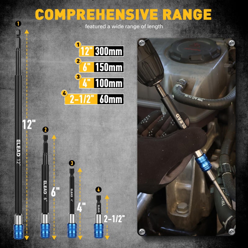 ELEAD 4-Piece 2", 4", 6", 12" Drill Bit Extension Set, Magnetic Screwdriver Bit Holder Extender with Aluminum Sleeve, 1/4 Inch Hex Shank Quick Release Extension Adapter, Durable CR-V Steel - Image 2